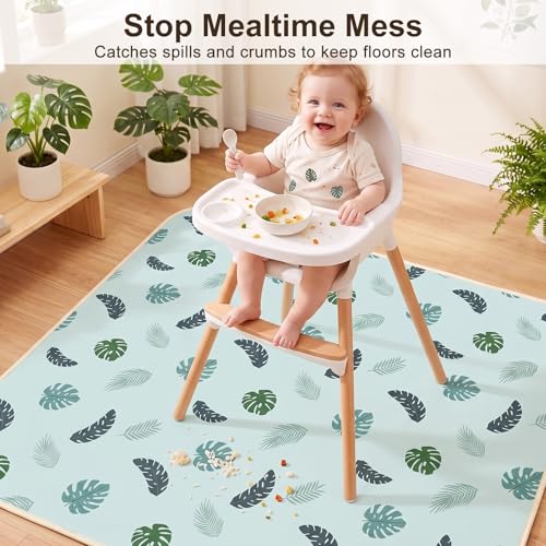 Basumee Splat Mat for Under High Chair, Waterproof & Mess-Proof Floor Mat | 46"×42" Baby Splash Mat, Non Slip Bottom, 4-Layer Fabric, Food & Liquid Catcher, Machine Wash for Boy Girl, Meals, BLW, Craft - color: Blue Leaves, size: 46x42 Inches