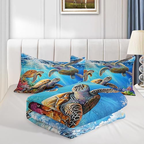HOSIMA Sea Turtle Full Comforter Set for Boys Room Decor,At Bottom of Ocean Sea Turtles Surrounded by Corals,Blue Coastal Bedding for Teens Girls,Fluffy Ocean Themed Bedding with 2 Pillowcases. - color: Blue, size: Full