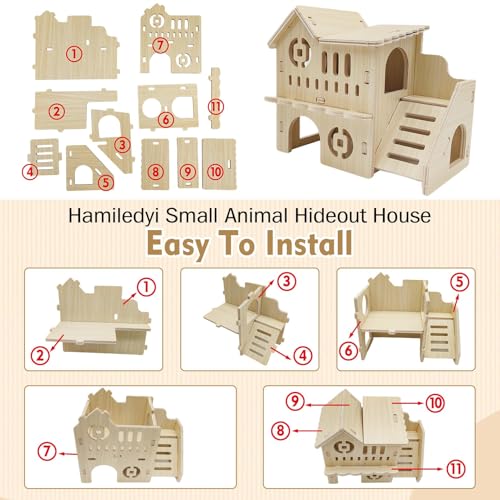 Hamiledyi Wooden Hamster Hideout Maze Small Animal Activity Toy Hamster House and Habitat Wooden Hut with Ladder for Dwarf Hamsters Small Gerbils Tiny Mice and Other Similar Sized Animals