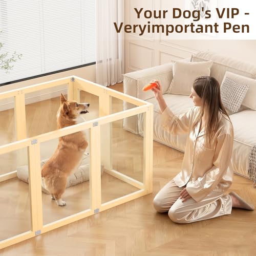 10 Panel Clear Acrylic Pet Playpen Indoor Wooden Puppy Fence | Fast tool-based setup creating a highly secure and stable barrier that stays upright during active play - size: 10 Panel 59x39.4in