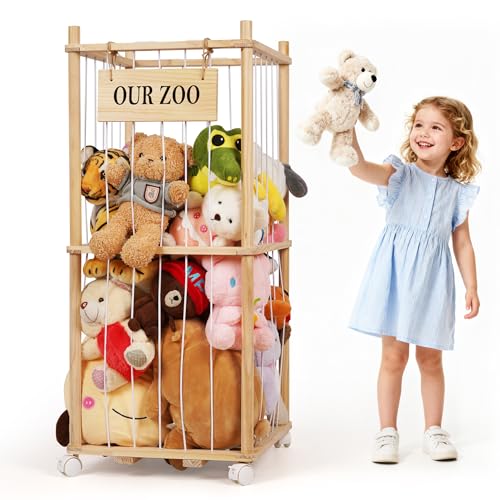 Stuffed Animal Storage Zoo, Wooden Stuffed Animal Organizer with Wheels | Stuffy Storage with Upgraded 5-Row Elastic Cords, Space-Saving Plush Toy Storage Holder for Playroom, Bedroom, Nursery - color: Wood, size: Small
