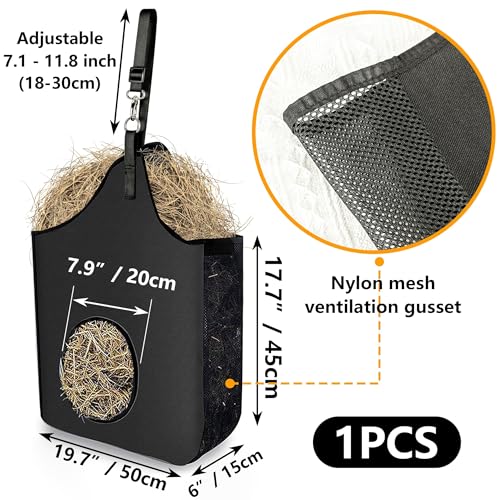 Hay Bag Hanging Goat Feeder Tote with Adjustable Strap | Premium Oxford Cloth with metal ring,Breathable mesh sides,for Horses Donkeys Cows Alpacas Ostriches & Other Animals,Black - color: black-1