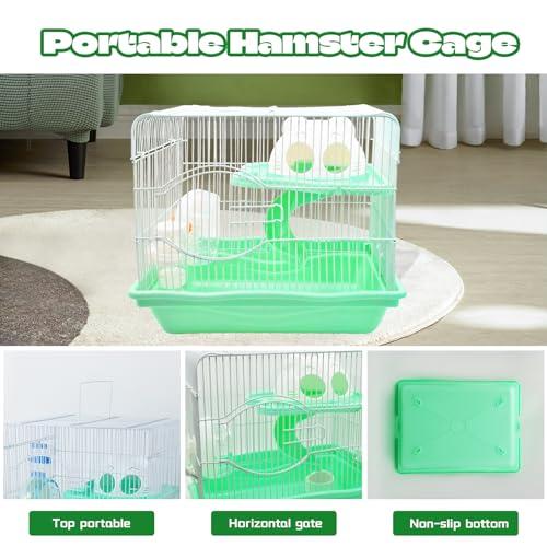 2-Tier Portable Hamster Cage and Habitats,Travel Metal Mouse Cages with Free Water Bottle,Houses and Exercise Wheel for Any Breed of Hamster and Small Animal (14.6x11.0x11.8inch Green) - color: 【Green】