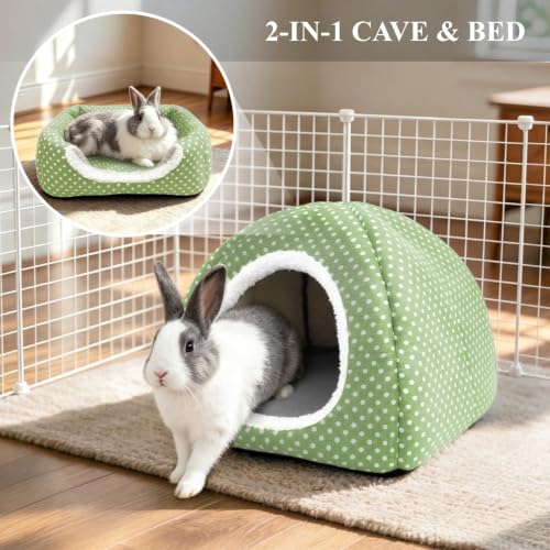 Rabbit Hideout Large Bunny Bed Washable Rabbit House | Fleece Hiding Hut for Indoor Bunnies Guinea Pigs, Small Animal Hideaway - color: Green