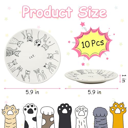 Ceramic Cat Bowl Set of 10-5.9 inch Wide & Shallow Cats Food Dish Cute Kitty Plates Relief Whisker Fatigue Small Pet Feeding Bowls for Kittens Puppy