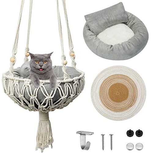 3 Pcs Macrame Cat Hammock, Including Hanging Kitten Bed Scratcher Scratch Pad Swing Bed for Small Cat Small Dog(40 x 12 Inch,Cute Style)