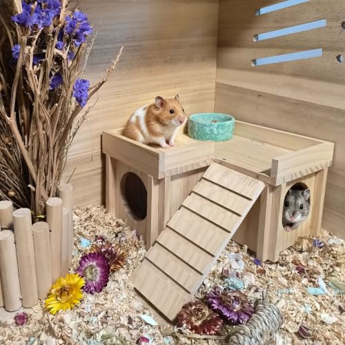Wooden Hamster Hideout,Dwarf Hamster Hide House with Platform & Bowl & Ladder,Small Hamsters Maze Hut Hides Habitats Decor Cage Accessories for Gerbils,Mice,Mouse