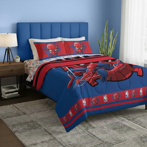 Northwest Marvel Spiderman Full Comforter Set 5 Piece Includes Reversible Comforter & Sheet Bedding Set Soft Fade Resistant Microfiber Officially Licensed - color: Spidey Drop Full
