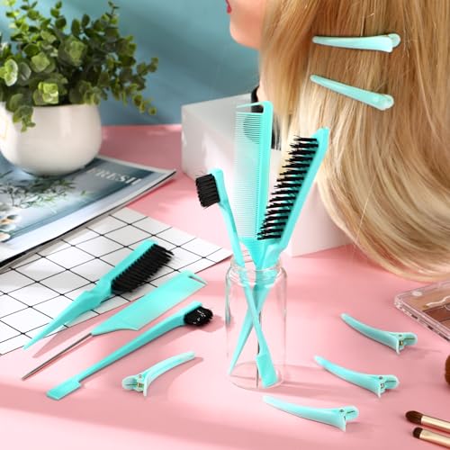 Remerry 12 Pieces Hair Brush Set, Nylon Teasing Hair Brushes 3 Row Salon Teasing Brush, Double Sided Edge Smooth Comb Grooming, Rat Tail Combs with Duckbill Clips for Women(Mint Green) - color: Mint Green