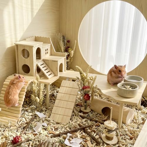 BreezeHug 4 Pcs Hamster Cage Accessories Hamster Platform Hideout Wooden Tunnel Ladder Playhouse Game Climbing Toy with Platform for Pets Dwarf Syrian Mice Degus Gerbils Squirrel(Loft) - style: Loft