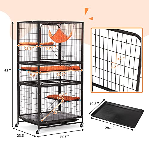 Cat Cages Indoor,4-Tier Ferret Cage, Large Wire Crates with Hammock, Cat Enclosure with 2 Ladders, Cat Kennel with Wheels for Kitten, Guinea Pig, Rabbit, Chinchilla, Black - size: 32.7"L x 23.6"W x 63.0"H