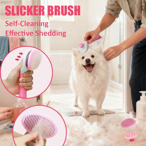 Dog Grooming Kit - Deshedding Brush for Short Hair, Slicker Brush, Flea Comb, Puppy Brush Set in Pink - color: Pink