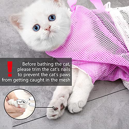 KlerRoem Cat Bathing Bag, Adjustable Anti-bite and Anti-Scratch Cat Shower Mesh Grooming Bag for Pet Dogs and Cats, Includes Pet Nail Clipper, Nail File, Grooming Glove, and Cat Shell Comb - color: Pink Set