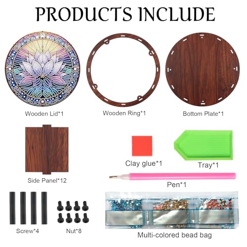 JISHSHAY Diamond Art Storage Box Lotus Diamond Painting Wooden Snack Box Flower Gem Painting Candy Box Gem Art Organizer Case Embroidery Kit Mosaic Kits for Adults Storage Containers with Lid - color: Lotus