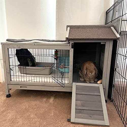 Rabbit Hutch Indoor Outdoor Rabbit Cage Bunny Cage with Run,No Leak Pull Out Tray,Wire Fence - size: 38.1"L Rabbit Hutch Grey