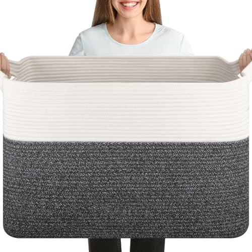 OIASKET 108L Cotton Rope Storage Basket for Living Room and Bedroom 25"x16"x16" Woven Laundry Basket, Heavy Duty Bin for Blankets, Pillows & Toys, Pet-Safe & Scratch-Free, Dark Grey and White - color: Dark Grey & White