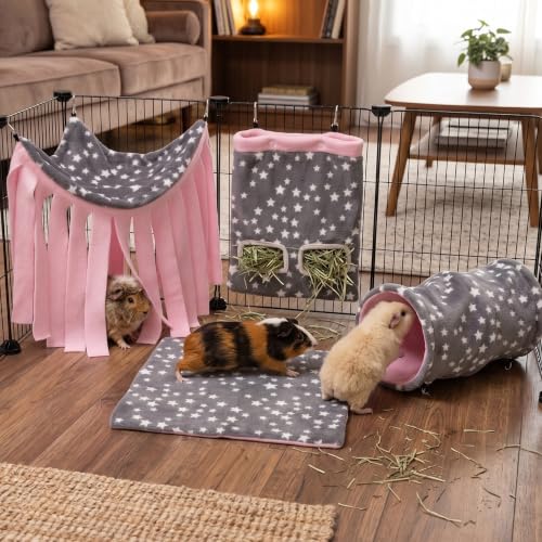 Guinea Pig Hideout, 4 Pack Tunnel & Mat & Corner Hide & Hay Bag | Soft Fleece Small Animal Hideaway Set Cage Accessories for Guinea Pig, Rabbit, Ferret, Chinchilla, Hedgehog - size: 4 pack