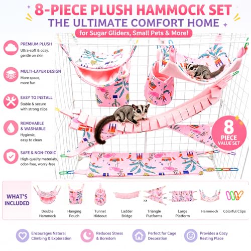 8 Pcs Sugar Glider Cage Set, Small Animal Fleece Hammock Set, Hanging Bed, Climbing Bridge and Toys for Sugar Gliders, Fancy Rats, Squirrels,Ferrets,Pink7126-1 - color: Pink