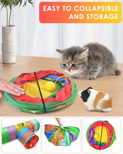 Bissap Rabbit Tunnel, 9.8'' Collapsible Bunny Tunnel and Tube 3 Ways Pet Hideout with 1 Play Ball for Indoor Kittens Dwarf Rabbit Bunny Guinea Pig Chinchilla Small Animal Activity Fun Toy (Rainbow) - color: Rainbow, size: Large