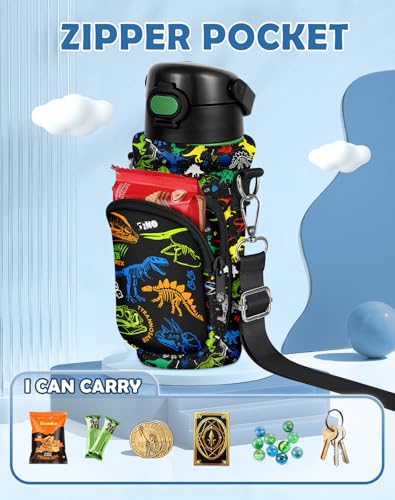 Water Bottle Carrier with Strap for Kids, 14-20 oz | Insulated, Neoprene Water Bottle Holder Bag with Pocket, Cute Cartoon, Bottle Bag for boys and girls, Walking Hiking Camping - color: Dinosaur Bone