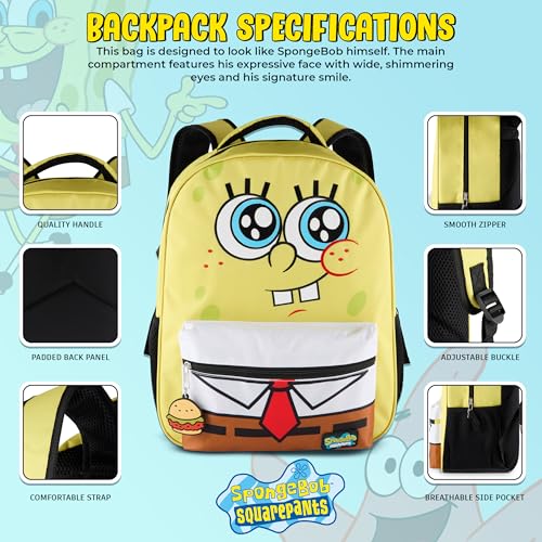AI ACCESSORY INNOVATIONS SpongeBob Square Pants Backpack for Boys & Girls, 16” Big Face Nylon Twill Bookbag w/Molded Hamburger Patty Dangle, Yellow - style: Spongebob Square Pants