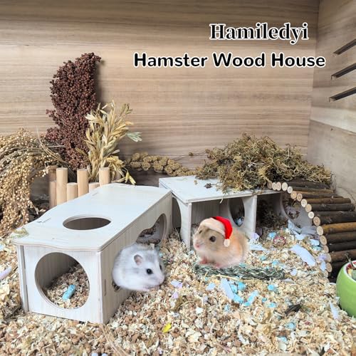 2 PCS Wooden Hamster Hideout Multi-Chamber Tunnel Set Hamster House Hiding Maze Platform Stuff Exploring Toy Cage Accessories for Gerbil Rat Mice - size: M+M