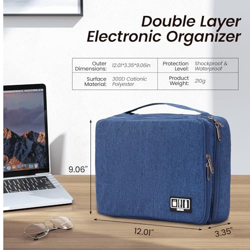 Electronic Organizer Travel Case, Double Layer Cable Organizer Bag | Double-layer design with adjustable dividers, mesh pockets and elastic loops for chargers, cables, power banks and gadgets - color: blue