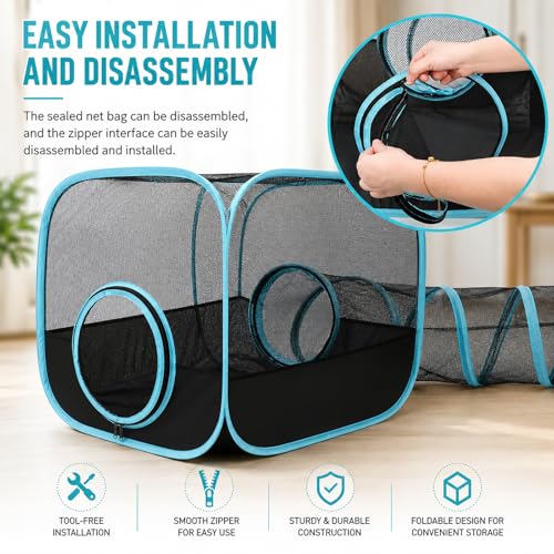 Rabbit Playpen with Tunnel, Bunny Tunnel Tent for Indoor Rabbits | 3-Piece Tent and Tunnel Set, Breathable Mesh, Pop-Open Setup, 50.4 x 9.8 in Tube, Indoor Outdoor Use, Rabbits and Ferrets