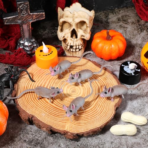 5Pcs Realistic Fake Rats, Mice Figurines Animal Mouse Prank Prop | Mini Flocked Plush Rats Toys for Indoor Halloween Ornaments, Practical Jokes, or Engaging Kitten Activities, Gag Gift Setups