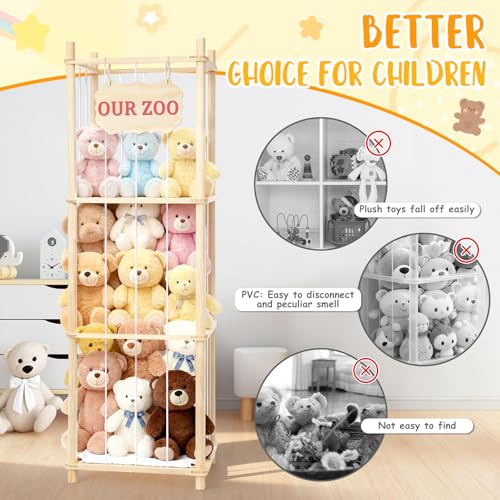 Stuffed Animal Storage & Organizer, Wooden Large Capacity Stuffed Animal Zoo with Elastic Cords, Sturdy Space-Saving Plushie Toy Shelf Cage Tower for Bedroom Playroom Nursery 54 in, Easy to Install