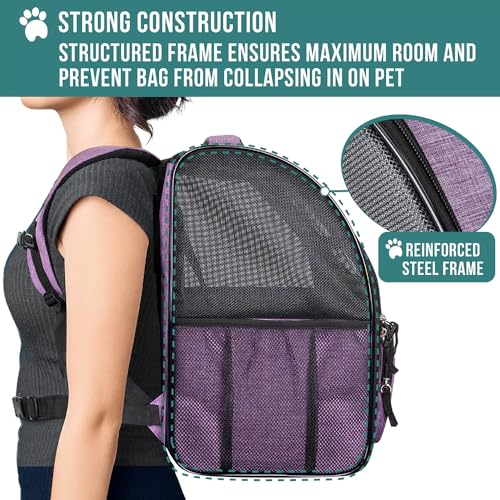 PetAmi Dog Backpack Carrier Airline Approved Cat Pet Puppy Bag, Purple | Ideal for Small Medium Large Pet up to 18 lb, 2 Side Entry Structured No-Collapse Frame, Ventilated Bookbag for Hiking Travel - color: Heather Purple