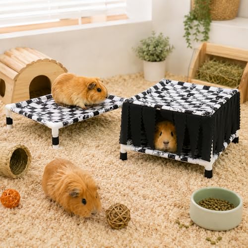 Guinea Pig Hideout with Fringe Curtain, Guinea Pig Bed | Small Animal Tent Hideaway, Stable Shelter Hut for Guinea Pig, Rabbit, Ferret, Chinchilla, Rat and Squirrel - color: Black