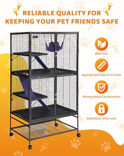 64" Metal Ferret Cage, 4-Tier Small Animal Cage with Removable Ramp, Hammock, Storage Stand & Tray for Chinchilla, Hamster