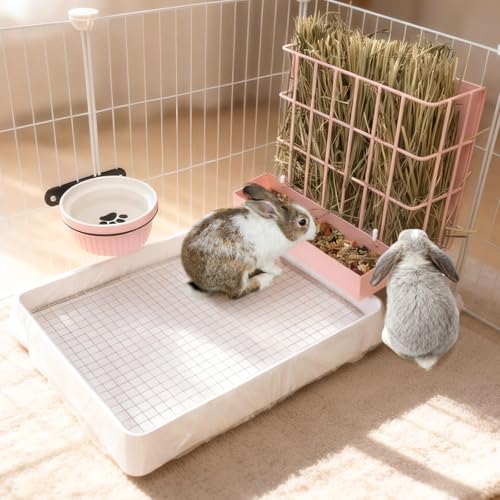 BESNEW 3 in 1 Rabbit Hay Feeder with Litter Box,Upgraded Metal Hay Rack & Litter Tray & Water Bowl,Quick Cleaning,Easy to Install,Bunny Supplies for Rabbit Guinea Pig Chinchilla Small Animals - color: Pink, size: 10in set