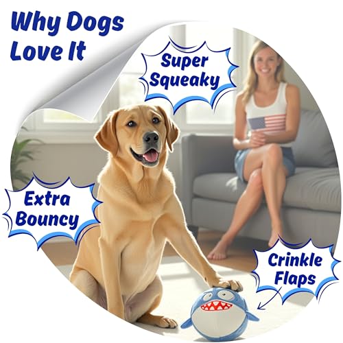 Dog Toy for Aggressive Chewers, Tough Squeaky Chew Ball, Large Breeds Gift | Super Strong, Durable Soft Plush Shark, No Stuffing Inside; Interactive for Puppies, Medium & Big Pets in a Birthday Gift Box - color: Blue