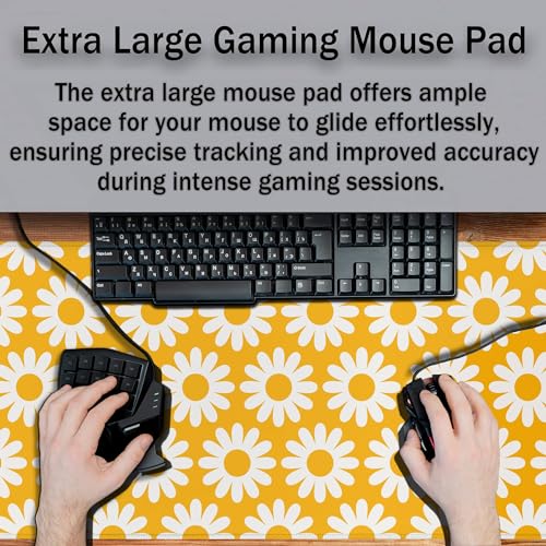 Computer Desk Mat Yellow Desk Mats, Large Gaming Mouse Pads Keyboard Mouse Pad, Mouse Mat Non-Slip Rubber Base Waterproof with Stitched Edges, 35.4 X 15.7 inch for Work/Game/Office/Home - color: Yellow Flowers