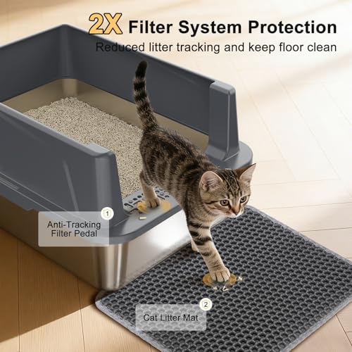 FURTIME Stainless Steel Cat Litter Box, Small Cats Metal Litter Box | High-Sided Open-Top Easy-Clean Litter Pan, Non-Stick, Anti-Leakage, Odor-Free, Comes with Scoop & Mat, 17"×13"×8.4" - color: Grey, size: Small