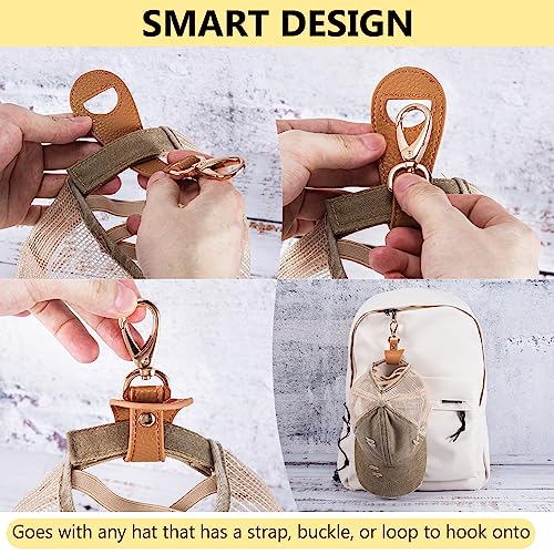 Hat Clip for Travel, Cap Holder Strap for Bags | Faux leather tab, zinc alloy clasp, fits baseball snapback and ponytail caps, mouse ear holder, hands free travel - color: Brown