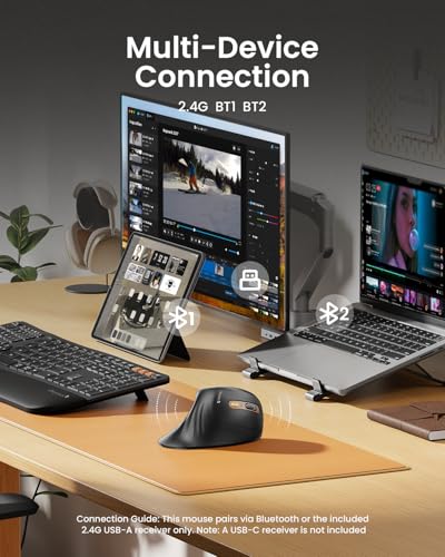 ProtoArc EM11 NL Wireless Ergonomic Mouse, Rechargeable, Black Gold | 58° vertical design supports a natural wrist posture, connect 3 devices via Bluetooth/2.4G USB-A, 500mAh USB-C rechargeable. - color: Black Gold