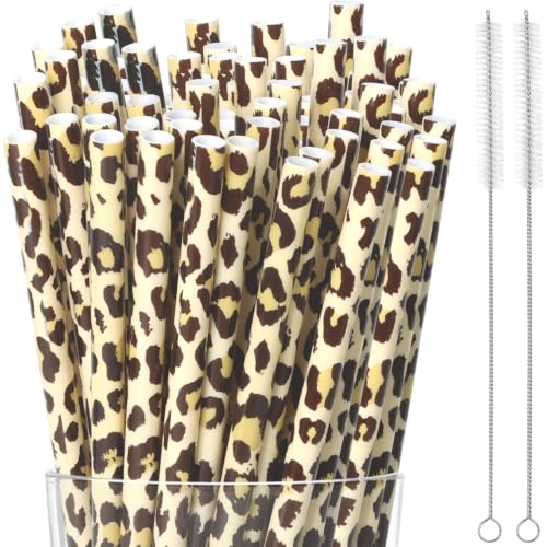 30 Pcs Reusable Beige Leopard Print Straws Cheetah Print Plastic Drinking Straws with 2 Cleaning Brushes for Stylish Animal Print Party Favors and Everyday Drinks - color: Light