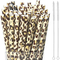 30 Pcs Reusable Beige Leopard Print Straws Cheetah Print Plastic Drinking Straws with 2 Cleaning Brushes for Stylish Animal Print Party Favors and Everyday Drinks - color: Light