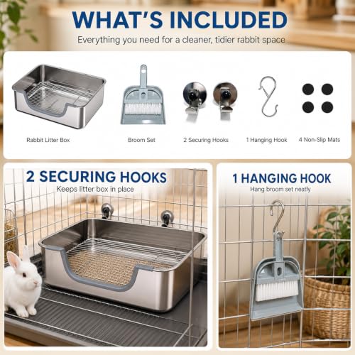 Stainless Steel Litter Box for Rabbit, Metal Bunny Litter Box Sifting Large | Non-Chewable, Easy to Clean, Long-Lasting Use, Odor Control, L: 17.2" x 13.4" x 5.9"
