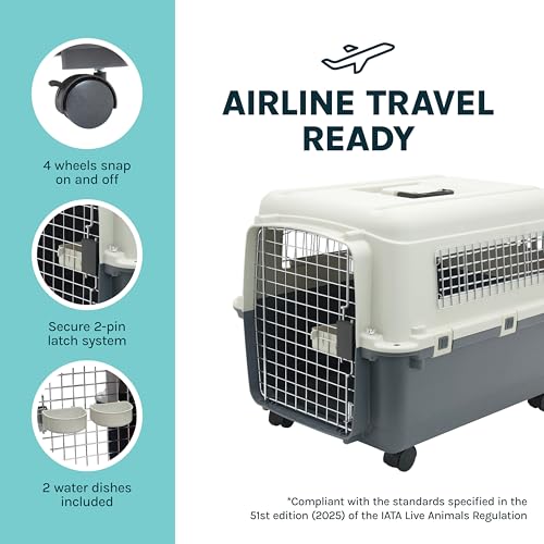 SportPet Airline Compliant MEDIUM 24.25" Travel Dog Kennel-Durable Plastic Airline Pet Carrier w/Removable Wheels & Food Bowls, Collapsible Indoor/Outdoor Dog Kennel, Dogs up to 23"L & 15"H-Cream/Gray - color: Cream/Gray