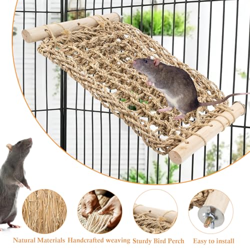 Rat Climbing Toys for Cage, Chewable Natural Hand-Woven Net Seagrass Mat, Cage Ladder Perch for Rats, Rat Ladder Bridge Toy with Mild Grassy Scent, Rodent Hammock Cage Accessories
