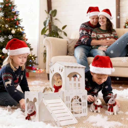 Large Rabbit House, Wooden Bunny Castle with 3 Houses Indoor, Rabbit Guinea Pig Cage Multistory Climbing Tower Sturdy Wooden Castle, Small Animal Hideaway Tunnel - size: 3 Houses