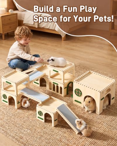 BUCATSTATE Large Wooden Guinea Pig Hideout, Pet Habitat Decor. | Natural wood hideout for guinea pigs & hedgehogs. Easy tool-free assembly, safe for chewing, and sturdy castle design.