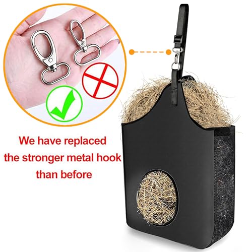 Hay Bag Hanging Goat Feeder Tote with Adjustable Strap | Premium Oxford Cloth with metal ring,Breathable mesh sides,for Horses Donkeys Cows Alpacas Ostriches & Other Animals,Black - color: black-1
