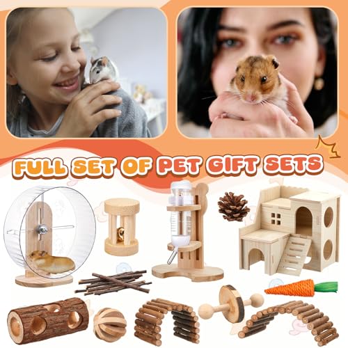 18 Pcs Hamster Cage Accessories, Silent Hamster Wheel 15 Toys Set | Maze Wood House and Water Bottle Set for Rat Mice Small Animals Habitat Decor Enrichment Starters(Natural Log Style) - style: Natural Log Style