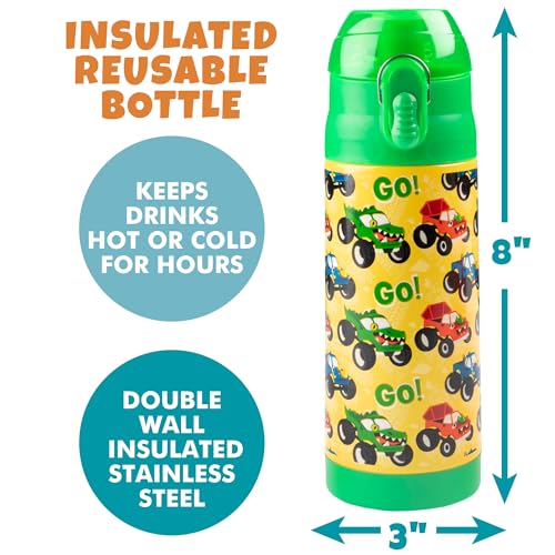 Bentology Stainless Steel 13 Oz Reusable Water Bottle Kids, Monster Truck | Double Wall Insulated, Spill Proof Lid W/Built-in Straw- Keep Liquids Hot or Cold- Easily Fits in Lunch Boxes & Bags - color: Monster Truck
