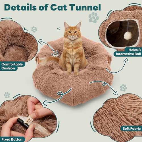 DUMOS Cat Tunnel Bed for Indoor Cats, Cave Donut Play Tunnel - Brown | Soft Plush Peekaboo, Washable Circle Cushion, Multifunctional Playground Under Tree Toys for Kittens, Puppy, Rabbit, Ferret - color: Brown